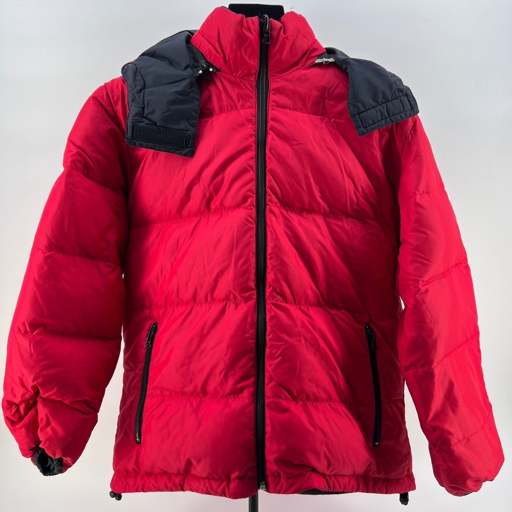 Lands End Womens Jacket Black Red Reversible Hooded Zip Goose Down‎ S Petite
